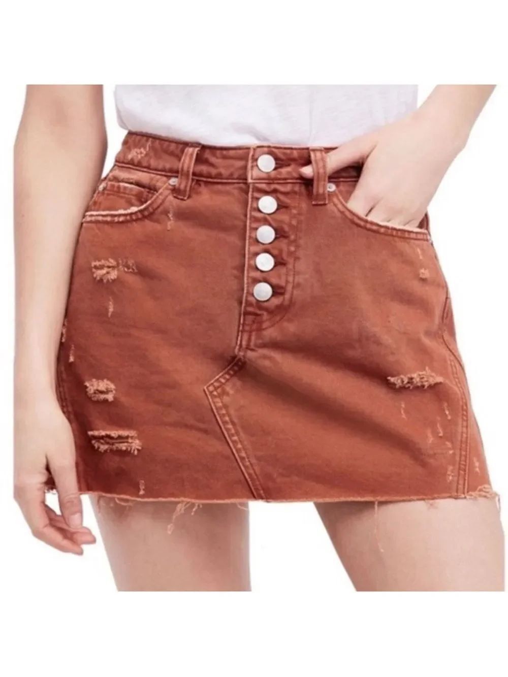 free people 25 WeTheFree Rust Brown Deconstructed A-Line Mini Denim Skirt